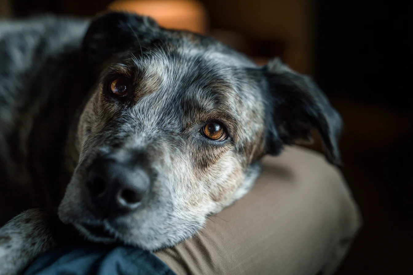 Reactive dog relaxed and calm during an in-home portrait session